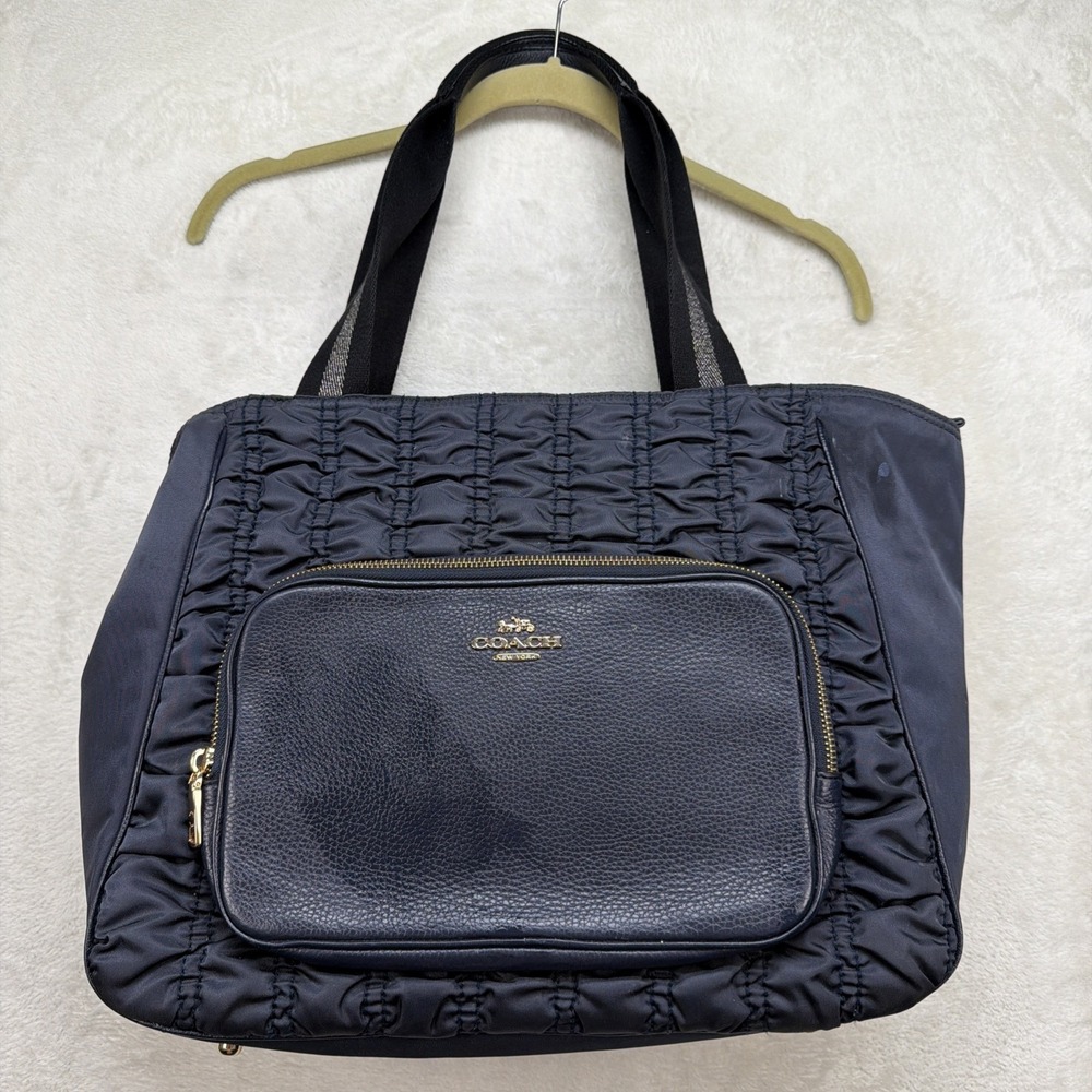 Coach‎ Tote Bag Women's Navy Nylon Leather Trim Shoulder Purse Zip Top